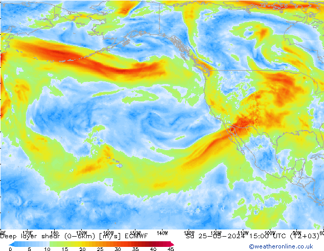 Deep layer shear (0-6km) ECMWF Cts 25.05.2024 15 UTC