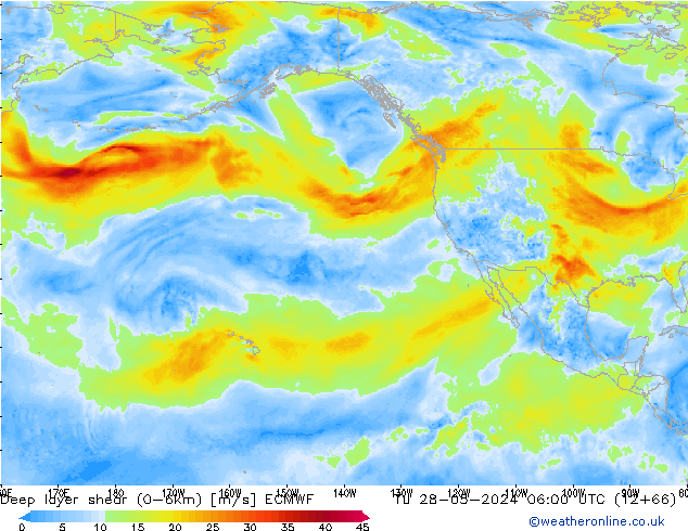 Deep layer shear (0-6km) ECMWF Út 28.05.2024 06 UTC