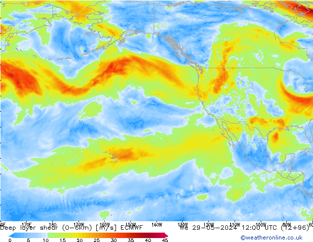 Deep layer shear (0-6km) ECMWF mié 29.05.2024 12 UTC