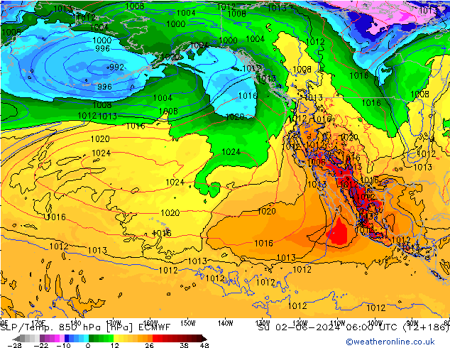 SLP/Temp. 850 гПа ECMWF Вс 02.06.2024 06 UTC