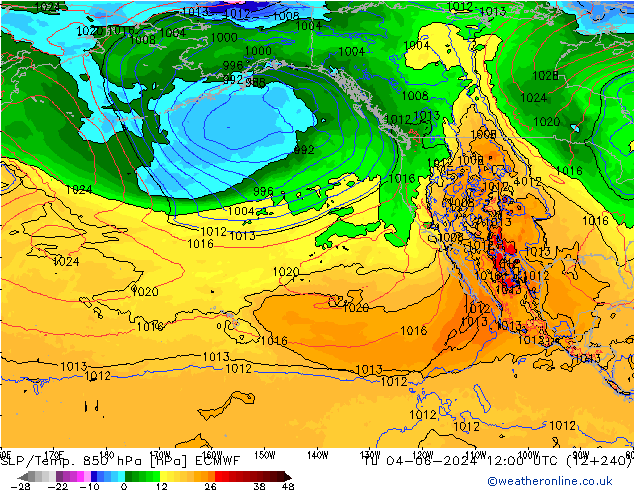 SLP/Temp. 850 hPa ECMWF Tu 04.06.2024 12 UTC