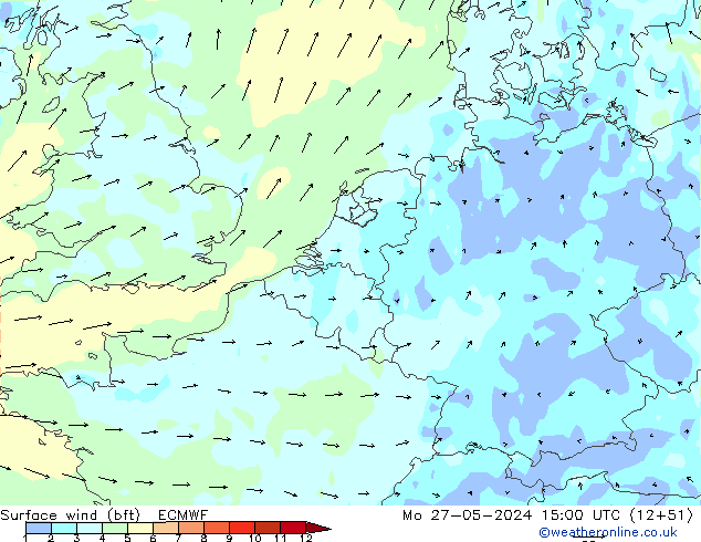 Vento 10 m (bft) ECMWF Seg 27.05.2024 15 UTC