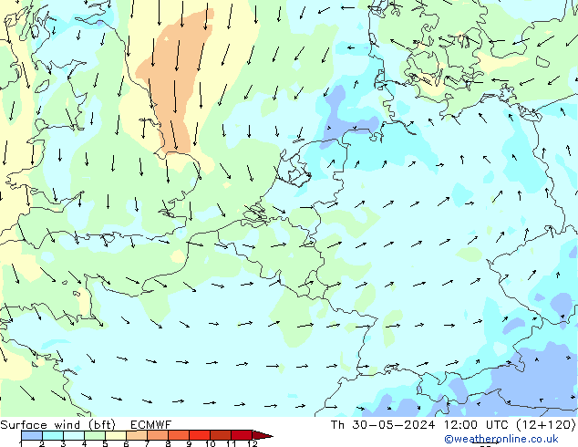 Surface wind (bft) ECMWF Th 30.05.2024 12 UTC