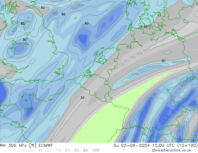 RH 300 hPa ECMWF Su 02.06.2024 12 UTC