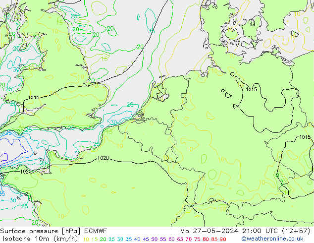 Isotachen (km/h) ECMWF Mo 27.05.2024 21 UTC