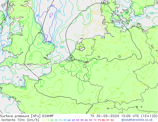 Isotachs (kph) ECMWF Čt 30.05.2024 12 UTC