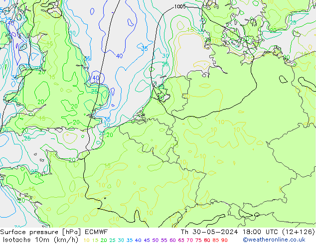 Isotachen (km/h) ECMWF do 30.05.2024 18 UTC