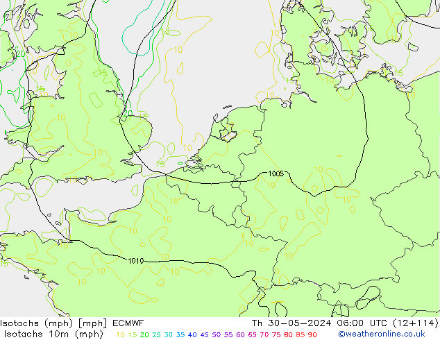 Isotachs (mph) ECMWF Qui 30.05.2024 06 UTC