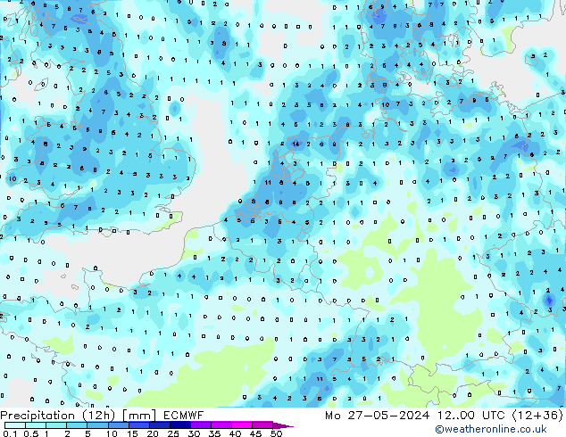 Precipitation (12h) ECMWF Mo 27.05.2024 00 UTC