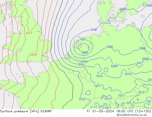 Presión superficial ECMWF vie 31.05.2024 18 UTC