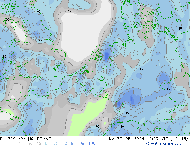 Humidité rel. 700 hPa ECMWF lun 27.05.2024 12 UTC