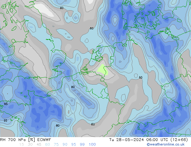 RH 700 hPa ECMWF mar 28.05.2024 06 UTC