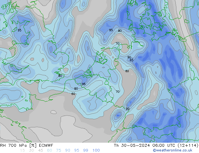 Humidité rel. 700 hPa ECMWF jeu 30.05.2024 06 UTC