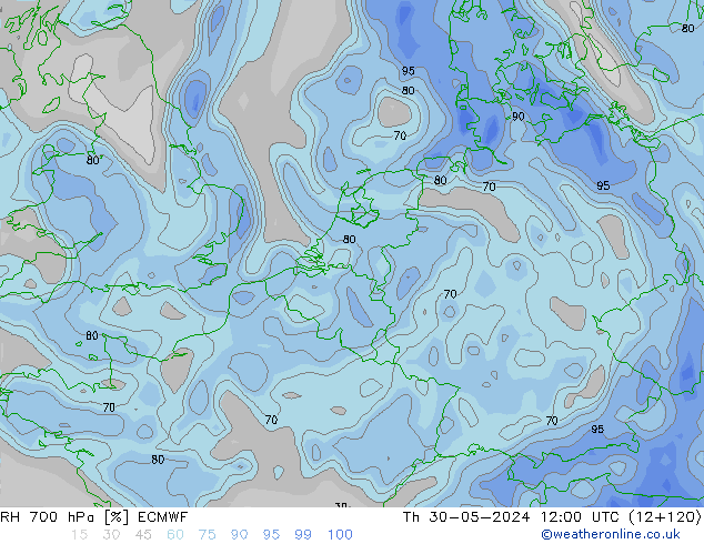 RH 700 hPa ECMWF Čt 30.05.2024 12 UTC