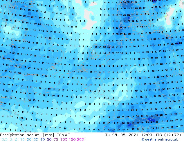 Precipitation accum. ECMWF mar 28.05.2024 12 UTC