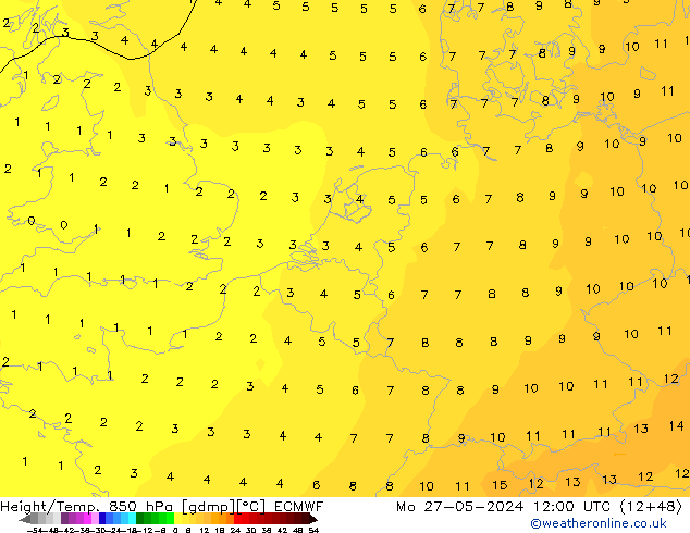 Z500/Rain (+SLP)/Z850 ECMWF Mo 27.05.2024 12 UTC