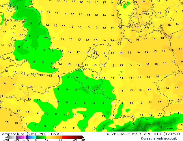 mapa temperatury (2m) ECMWF wto. 28.05.2024 00 UTC