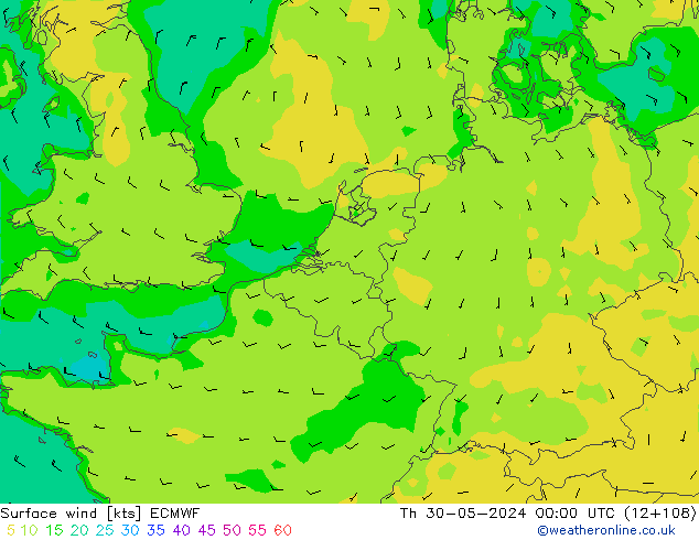 Vento 10 m ECMWF Qui 30.05.2024 00 UTC