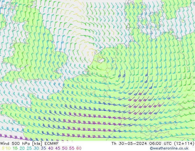 Viento 500 hPa ECMWF jue 30.05.2024 06 UTC