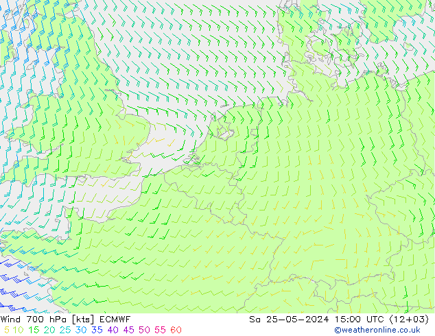 Vent 700 hPa ECMWF sam 25.05.2024 15 UTC