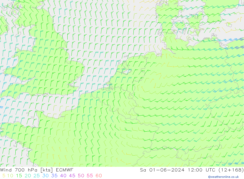 Vento 700 hPa ECMWF sab 01.06.2024 12 UTC