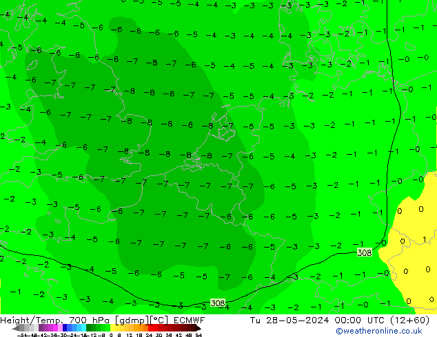 Height/Temp. 700 hPa ECMWF Di 28.05.2024 00 UTC