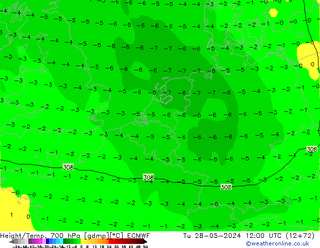 Height/Temp. 700 hPa ECMWF Tu 28.05.2024 12 UTC