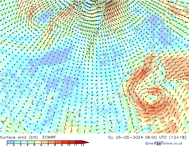 Surface wind (bft) ECMWF Ne 26.05.2024 06 UTC