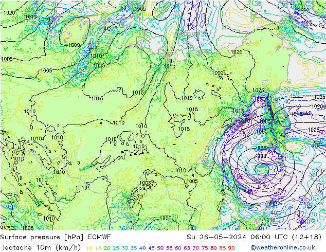 Isotachen (km/h) ECMWF zo 26.05.2024 06 UTC