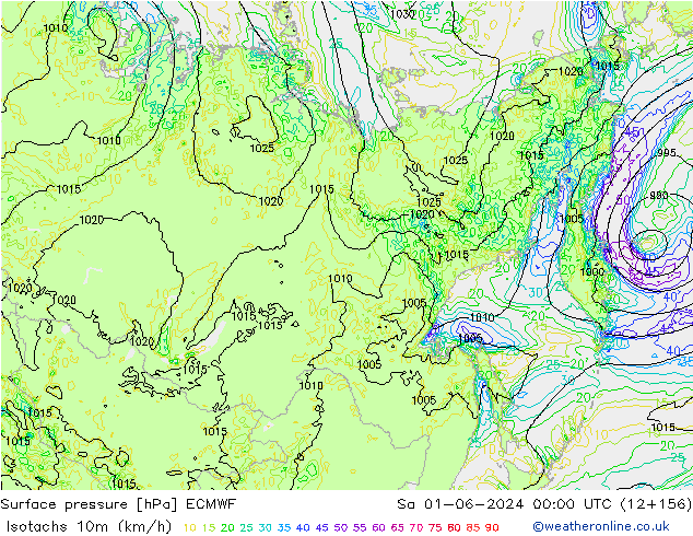 Isotachs (kph) ECMWF sab 01.06.2024 00 UTC