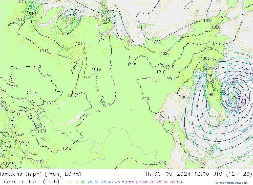 Isotachs (mph) ECMWF gio 30.05.2024 12 UTC