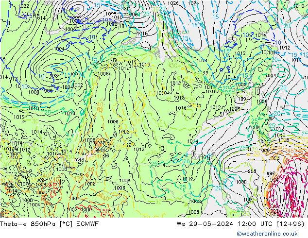 Theta-e 850hPa ECMWF mié 29.05.2024 12 UTC