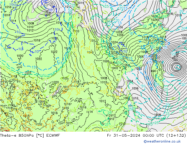 Theta-e 850hPa ECMWF ven 31.05.2024 00 UTC