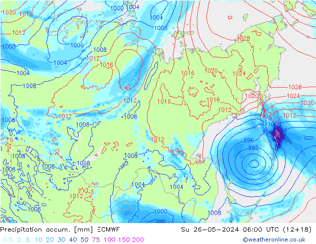 Precipitation accum. ECMWF Ne 26.05.2024 06 UTC