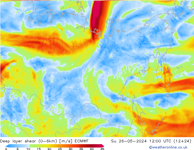 Deep layer shear (0-6km) ECMWF Su 26.05.2024 12 UTC