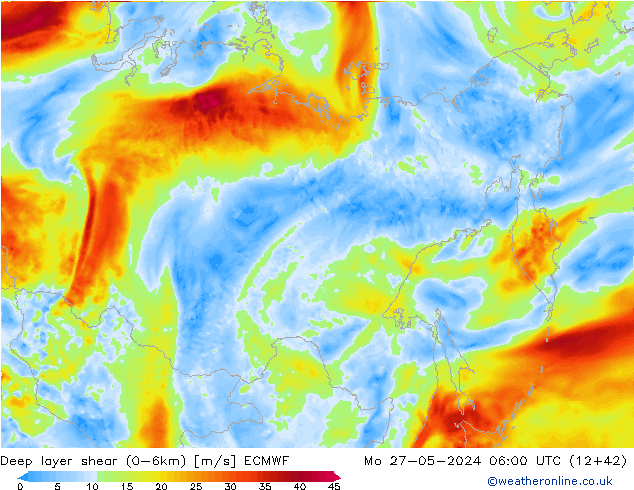 Deep layer shear (0-6km) ECMWF Mo 27.05.2024 06 UTC