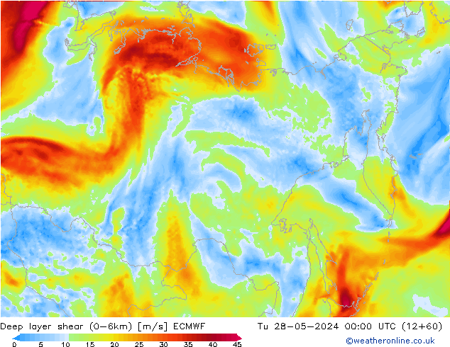 Deep layer shear (0-6km) ECMWF Tu 28.05.2024 00 UTC