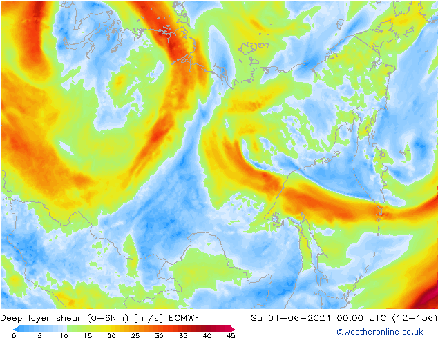 Deep layer shear (0-6km) ECMWF sam 01.06.2024 00 UTC