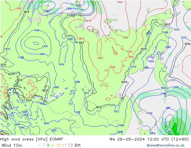 High wind areas ECMWF We 29.05.2024 12 UTC