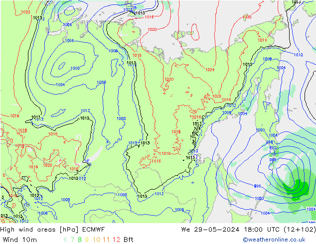 High wind areas ECMWF mer 29.05.2024 18 UTC