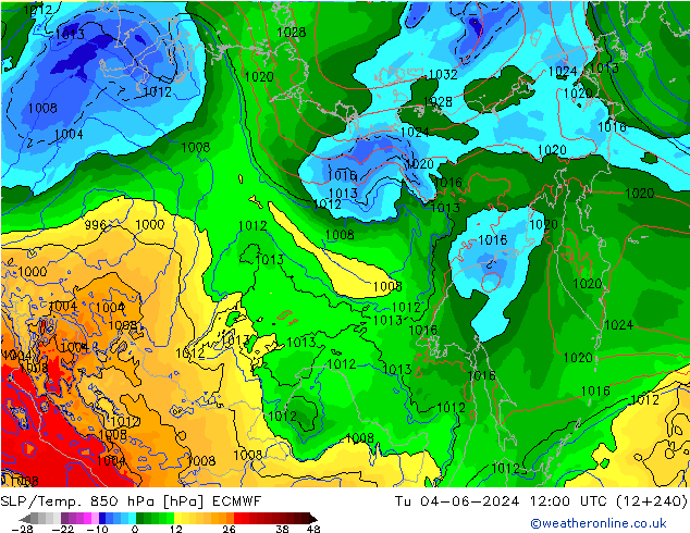 SLP/Temp. 850 hPa ECMWF Út 04.06.2024 12 UTC