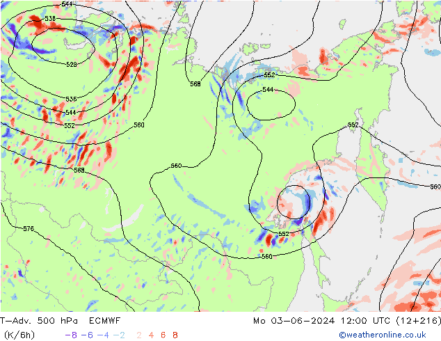 T-Adv. 500 hPa ECMWF Mo 03.06.2024 12 UTC