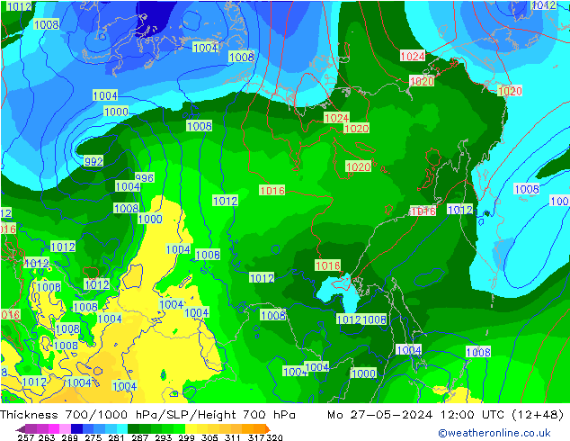 Thck 700-1000 hPa ECMWF Mo 27.05.2024 12 UTC