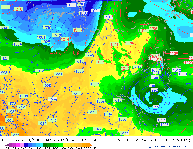 Dikte 850-1000 hPa ECMWF zo 26.05.2024 06 UTC