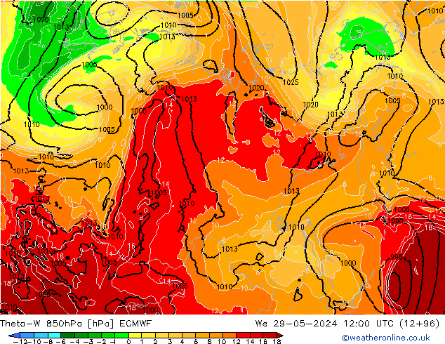 Theta-W 850hPa ECMWF We 29.05.2024 12 UTC