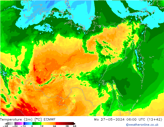 Temperature (2m) ECMWF Mo 27.05.2024 06 UTC