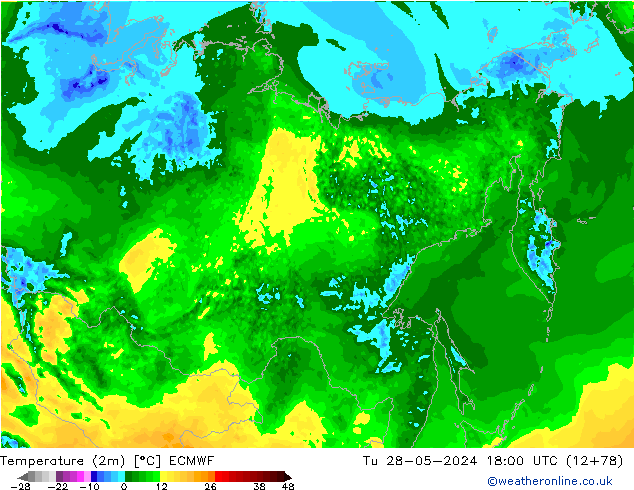 Temperature (2m) ECMWF Tu 28.05.2024 18 UTC