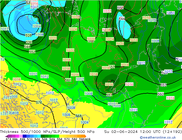 Thck 500-1000hPa ECMWF Dom 02.06.2024 12 UTC