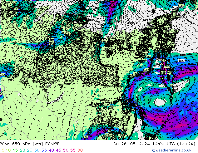 Wind 850 hPa ECMWF Su 26.05.2024 12 UTC