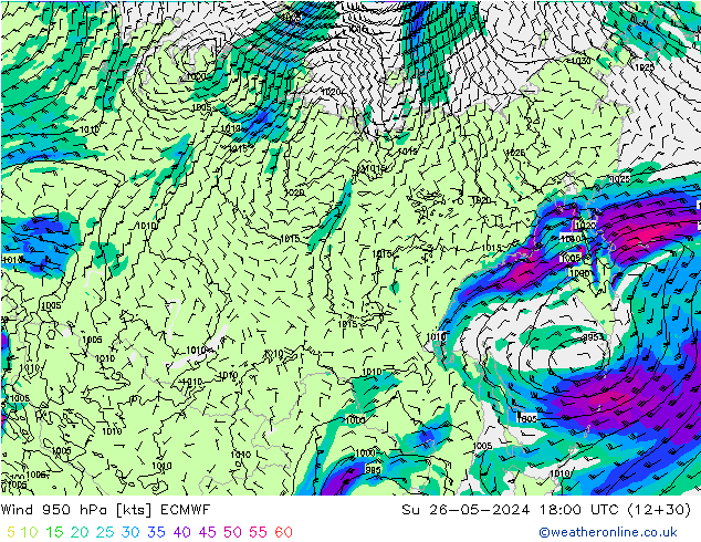 wiatr 950 hPa ECMWF nie. 26.05.2024 18 UTC